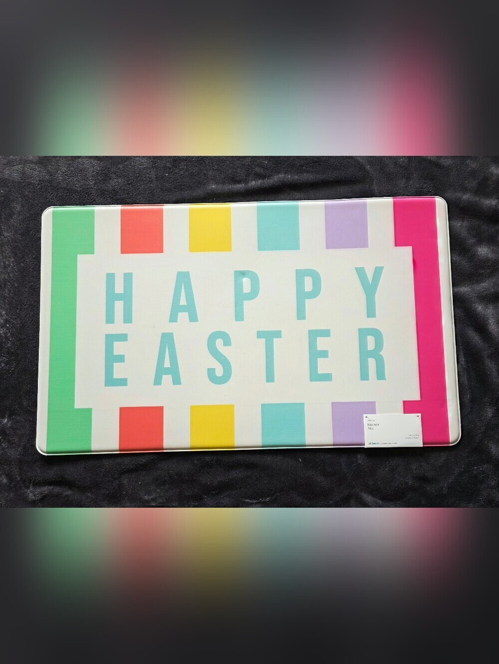 New Happy Easter Striped Kitchen Mat, 18x30, white, pink, lilac, teal, yellow